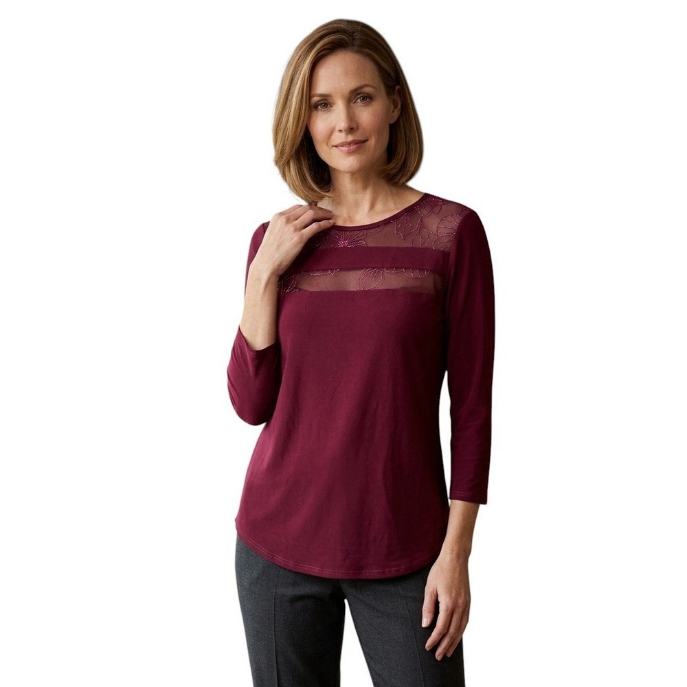 Carol Rose Burgundy Mesh Floral Embroidered 3/4 Sleeve Elegant Sheer Top